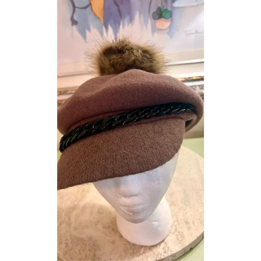 Vintage Handmade Faux Fur Pom Pom‎ Wool Brown Hat Women’s Newsboy Cabbie - Picture 3 of 11